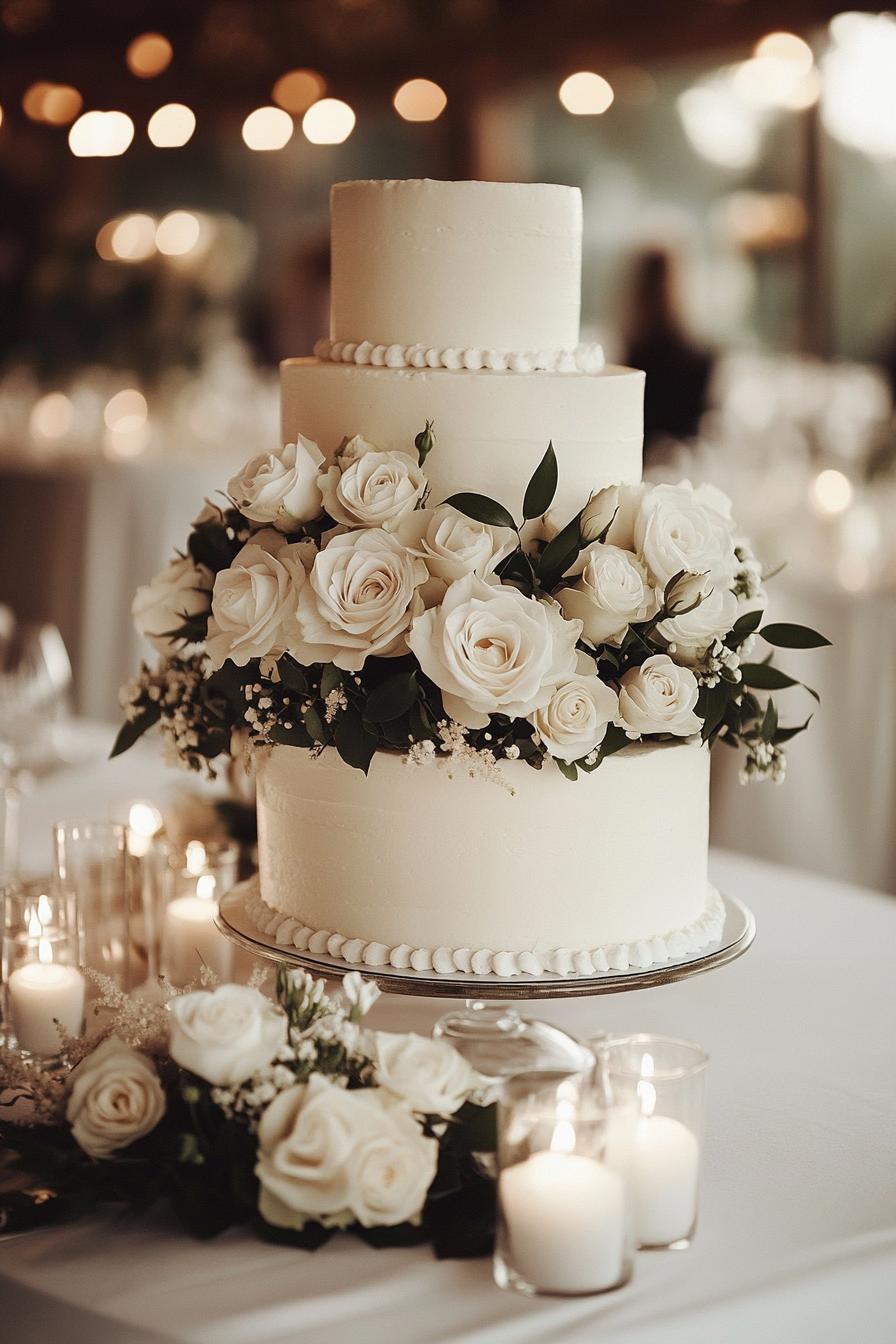 Three-tier white wedding cake adorned with white roses and surrounded by candles