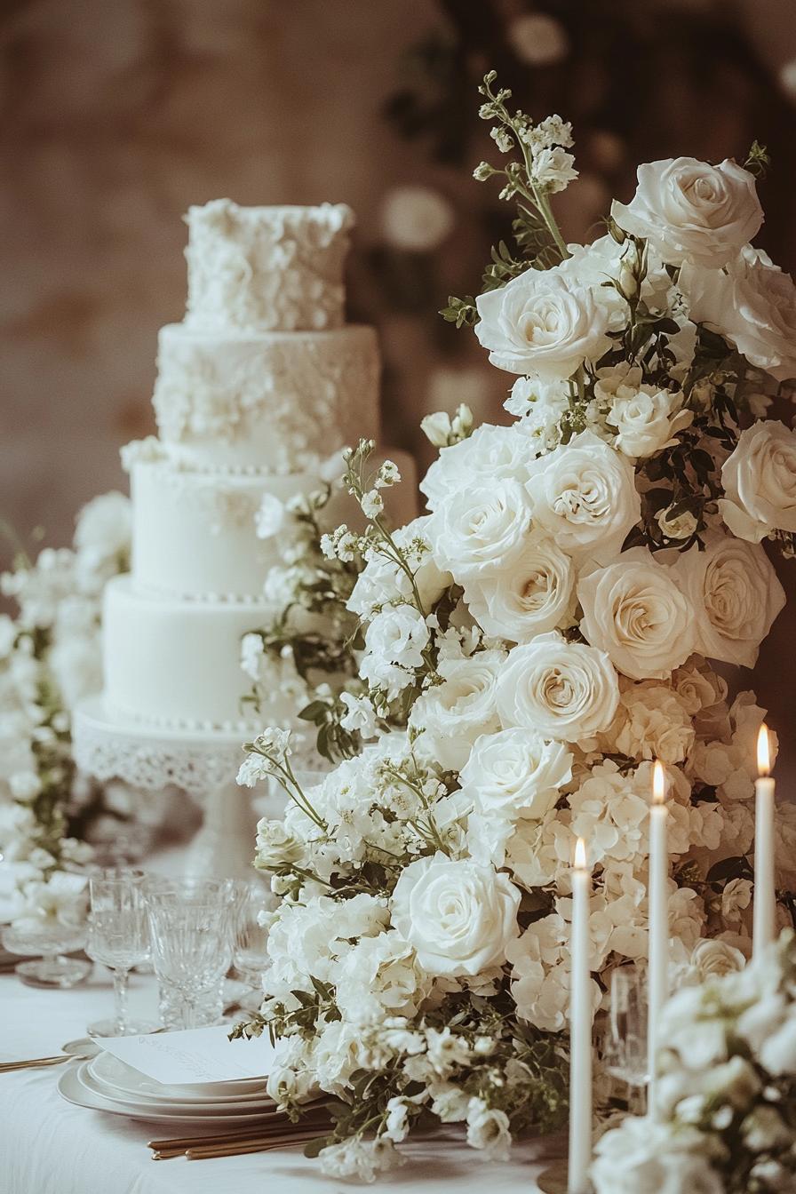 Elegant white floral wedding centerpiece with candles and cake