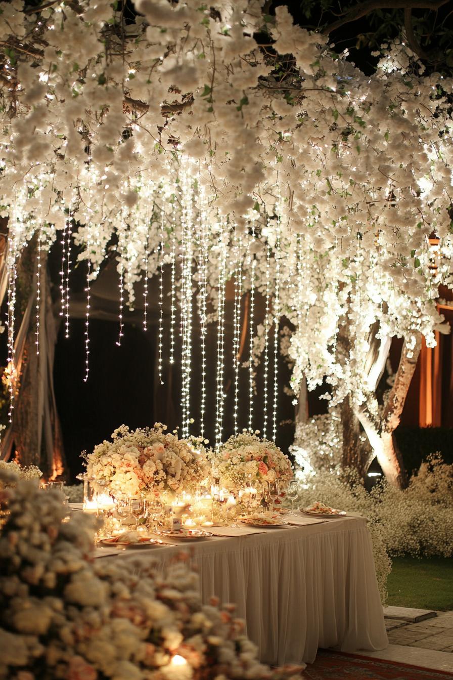 Luxurious wedding table setting under cascading flowers and lights