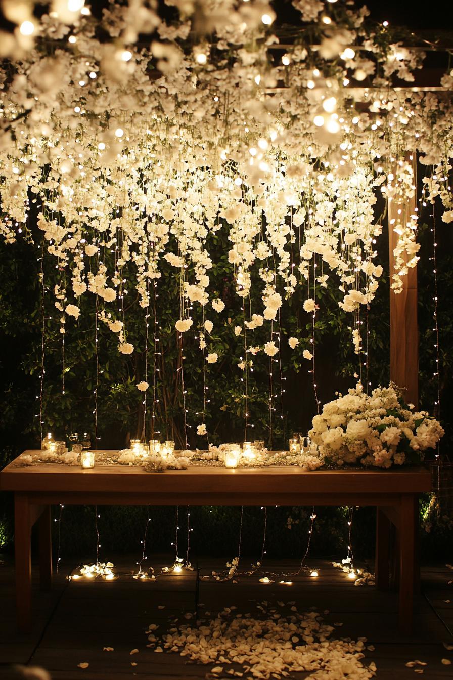 String lights and hanging flowers above a candlelit table