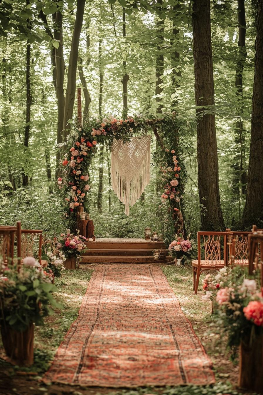 enchanted forest wedding theme in forest clearing altar arch with macrame hangings and flowers the path to altar with boho area rugs there are 1