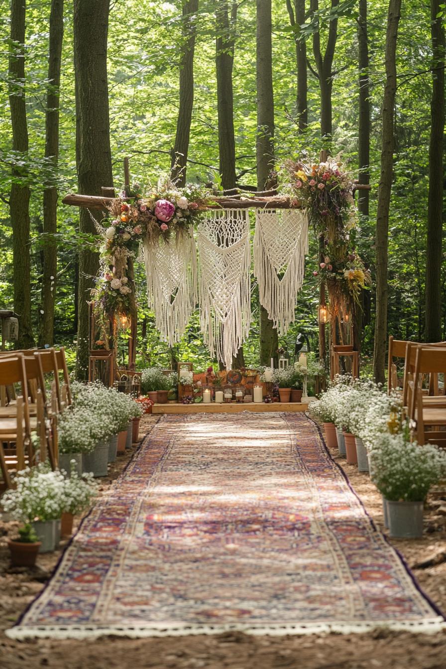 enchanted forest wedding theme in forest clearing altar arch with macrame hangings and flowers the path to altar with boho area rugs there are 2