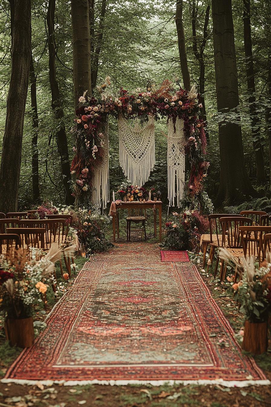 enchanted forest wedding theme in forest clearing altar arch with macrame hangings and flowers the path to altar with boho area rugs there are 3