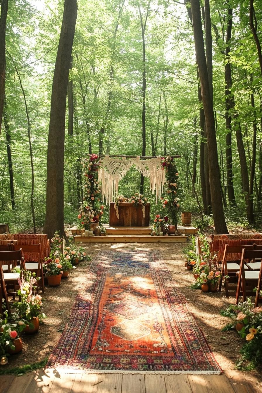 enchanted forest wedding theme in forest clearing altar arch with macrame hangings and flowers the path to altar with boho area rugs there are