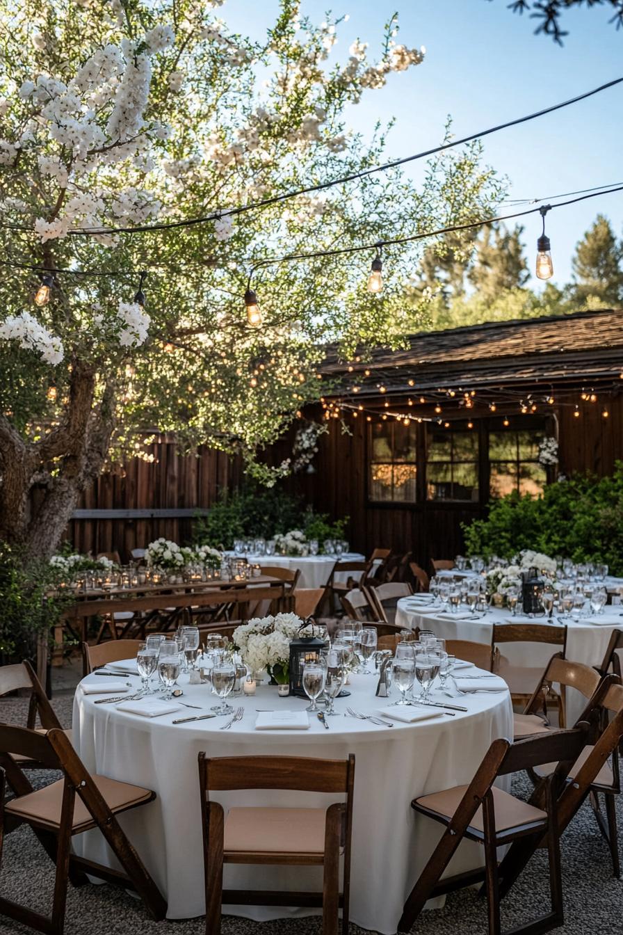 Outdoor wedding reception with round tables, white linens, and string lights