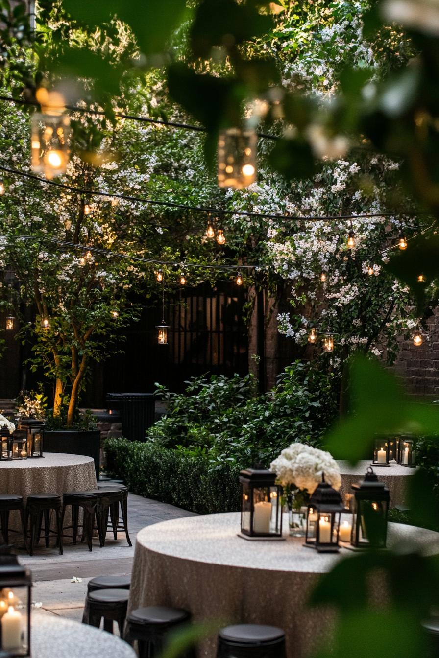 Outdoor evening wedding setup with lanterns and round tables