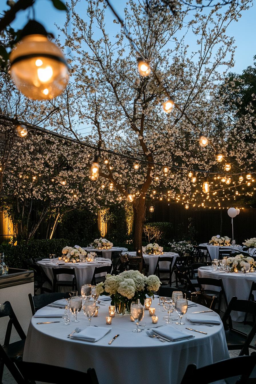 Enchanting outdoor wedding setup with soft string lights and floral decor