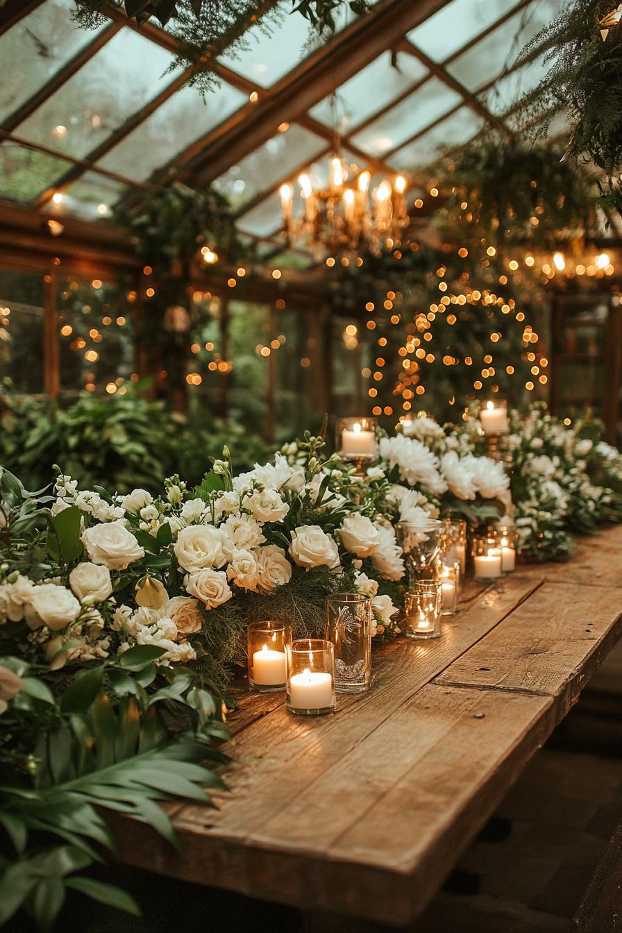 enchanted forest theme wedding table decor in a green house with lush greenery the large wooden table is decorated with white pixie flowers 1