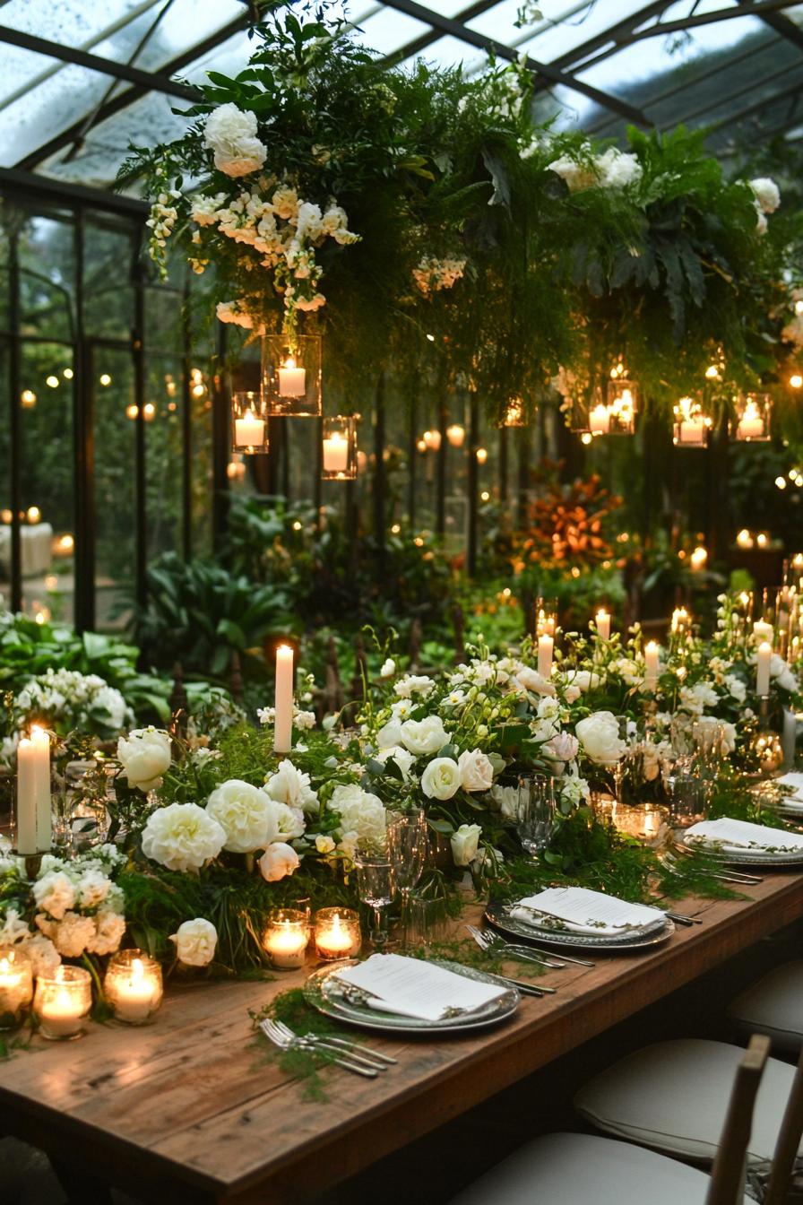 enchanted forest theme wedding table decor in a green house with lush greenery the large wooden table is decorated with white pixie flowers 2