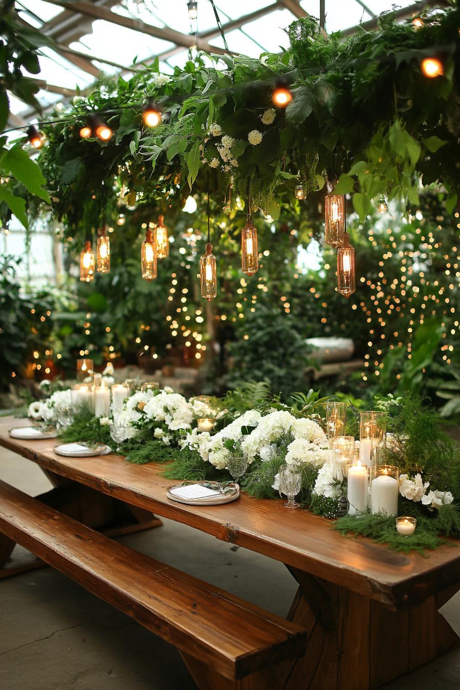 enchanted forest theme wedding table decor in a green house with lush greenery the large wooden table is decorated with white pixie flowers 3