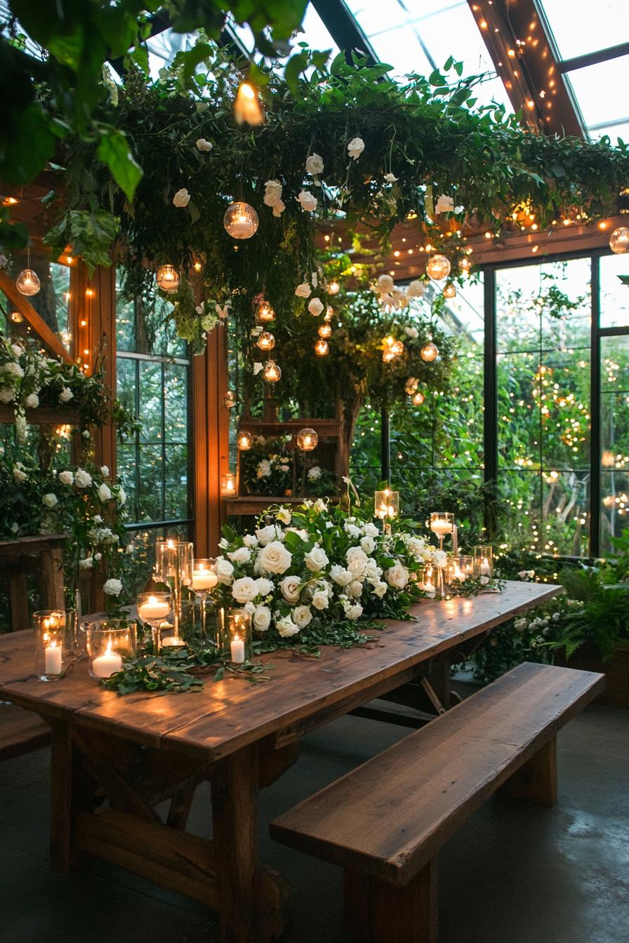 enchanted forest theme wedding table decor in a green house with lush greenery the large wooden table is decorated with white pixie flowers