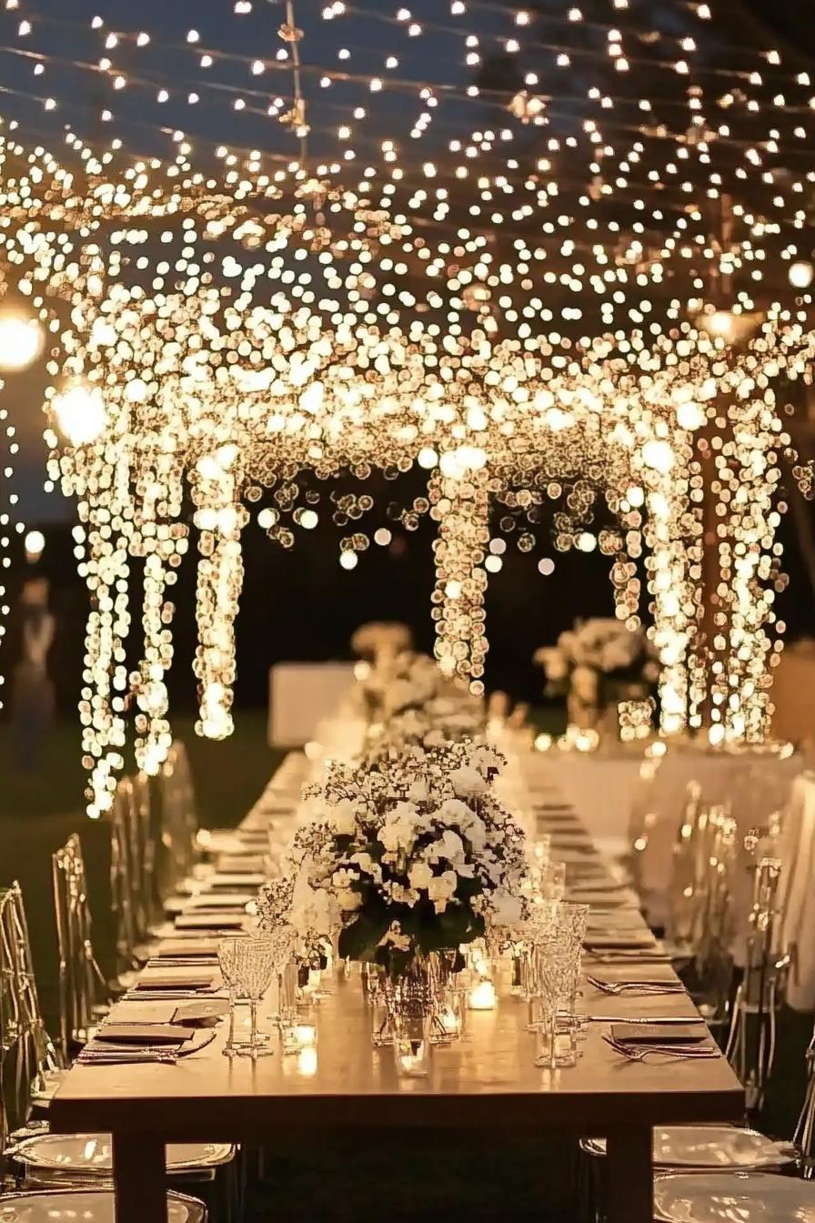 Romantic outdoor wedding table with string lights and floral arrangements