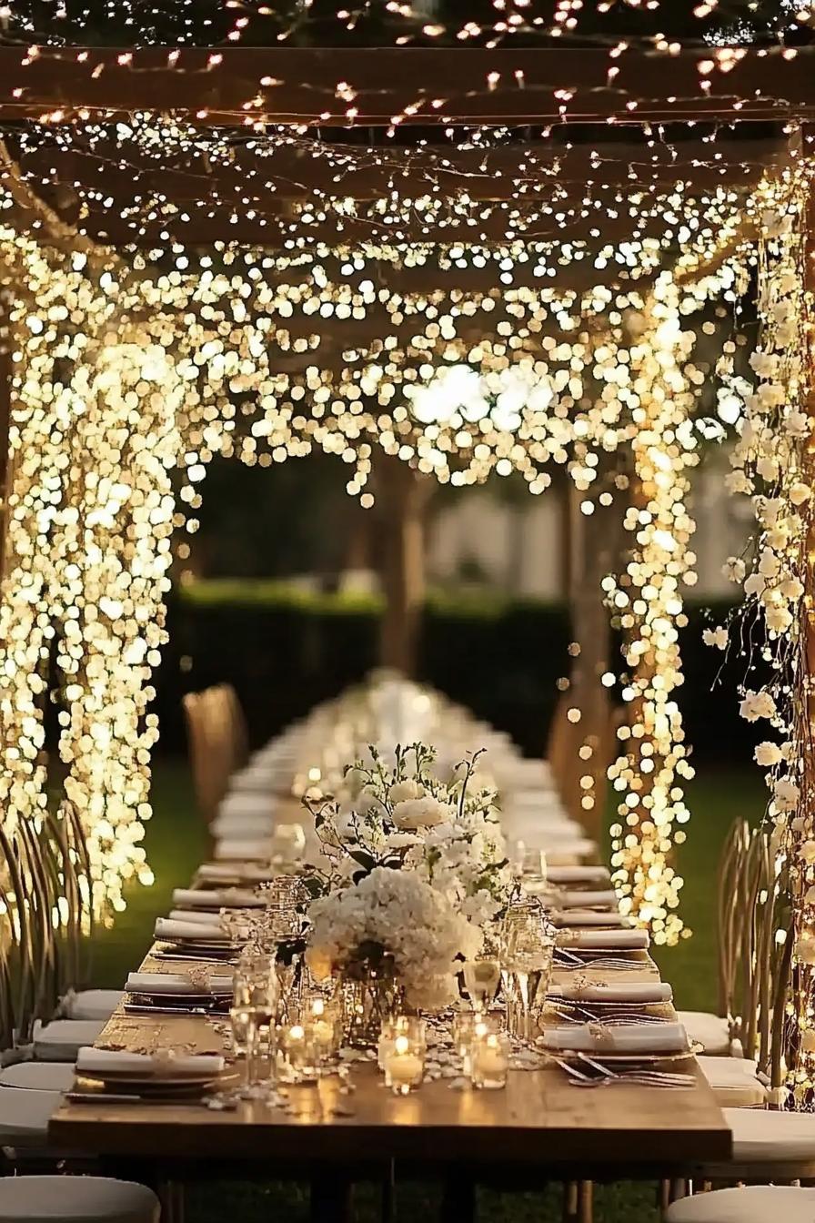 Long wedding table under canopy of twinkling lights