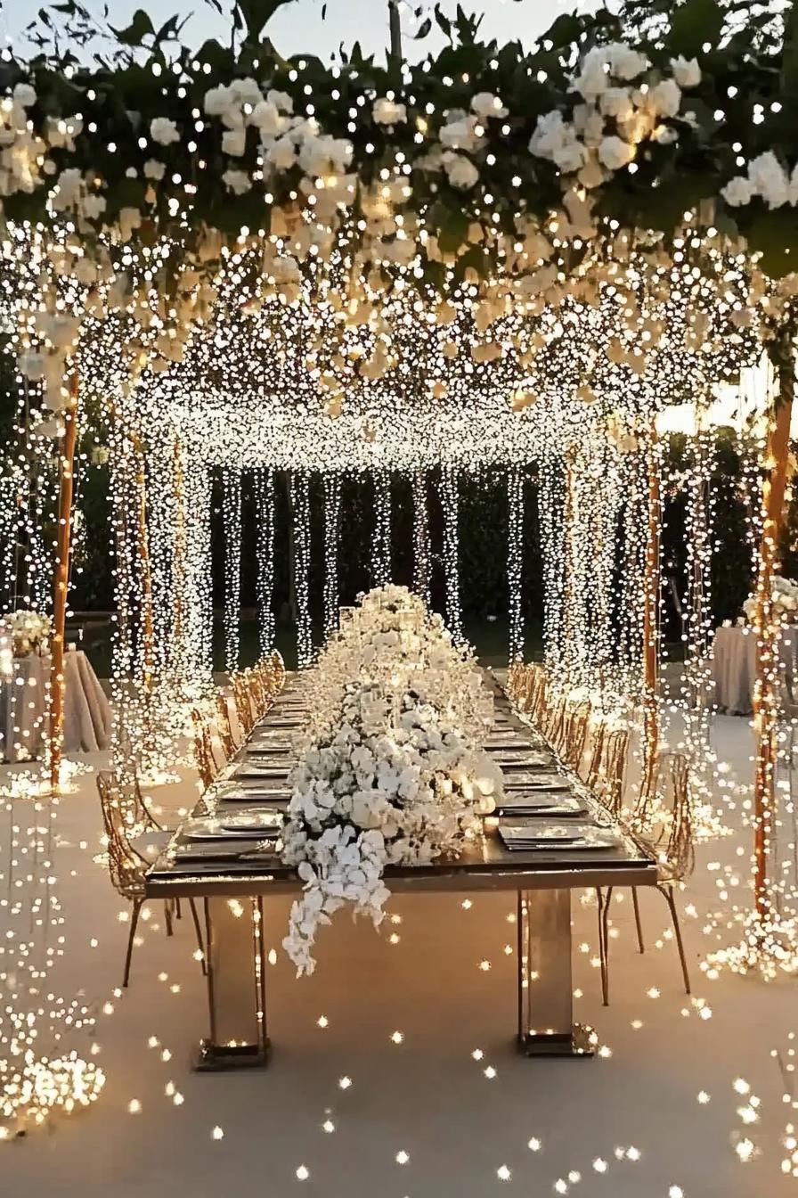 Elegant table setting under a canopy of twinkling lights and flowers