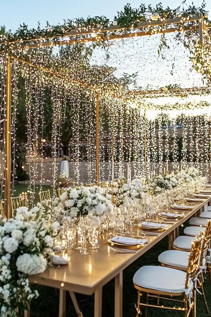 Outdoor wedding table adorned with twinkling lights and lush floral arrangements