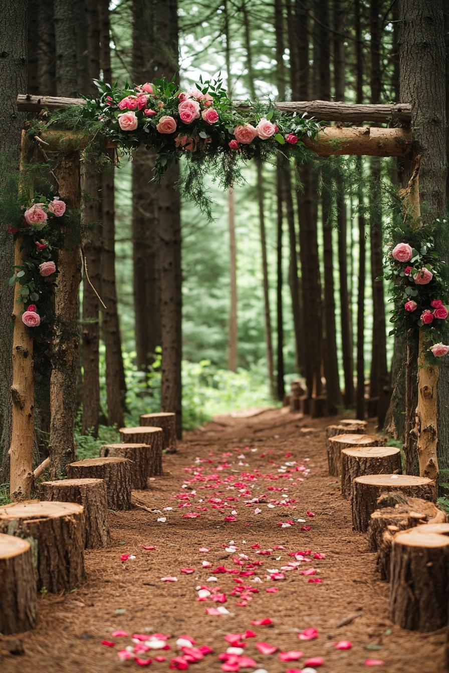 forest wedding arch made of tree logs decorated with sheers greenery and pink roses forest path is lined with tall pine trees there are rose petals 1