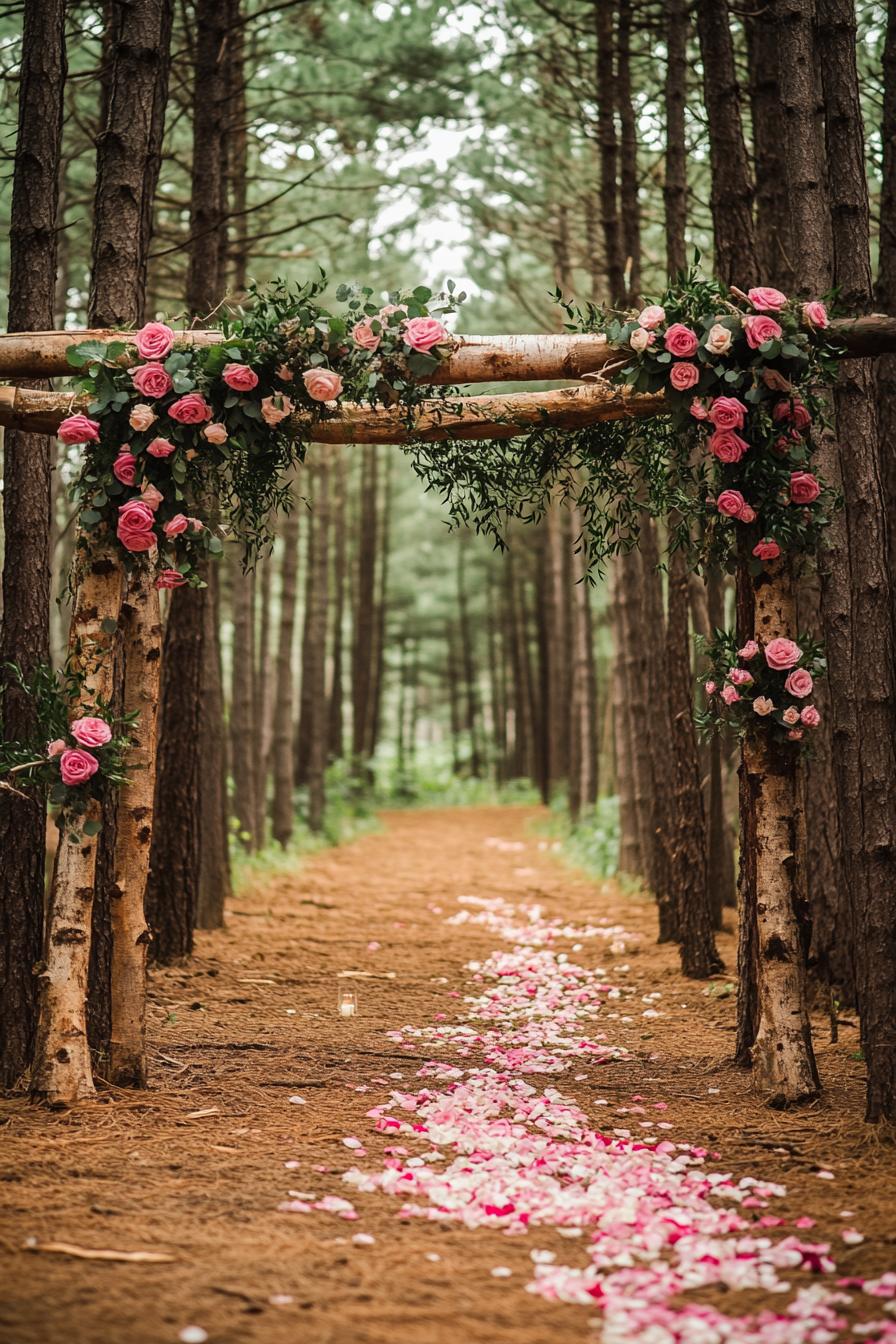 forest wedding arch made of tree logs decorated with sheers greenery and pink roses forest path is lined with tall pine trees there are rose petals 2