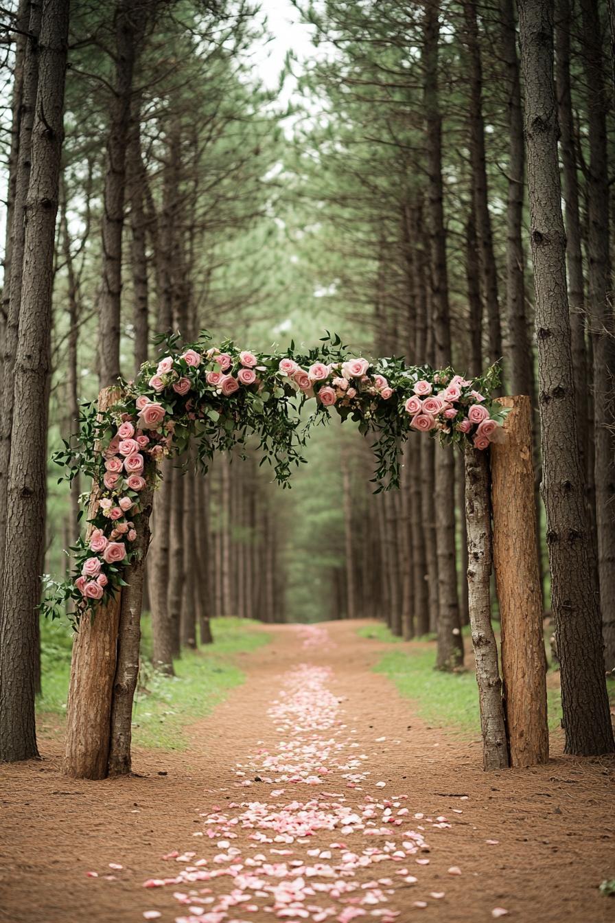 forest wedding arch made of tree logs decorated with sheers greenery and pink roses forest path is lined with tall pine trees there are rose petals