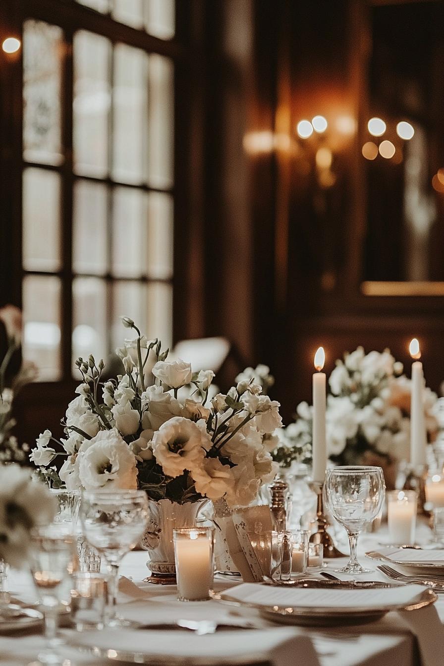 Alt Text: Wedding table with white flowers and candles