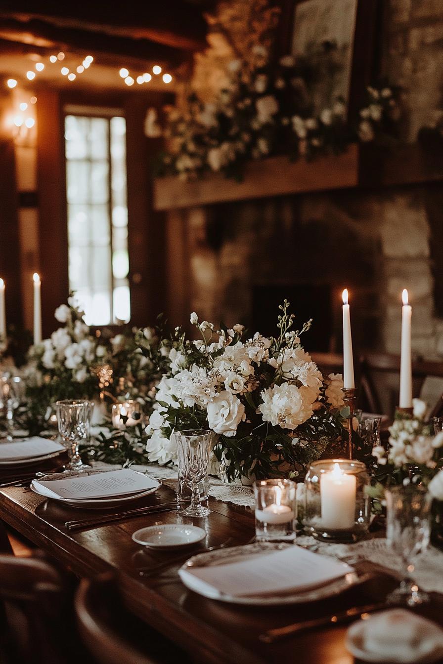 Elegant wedding table setting with candles and white floral arrangements