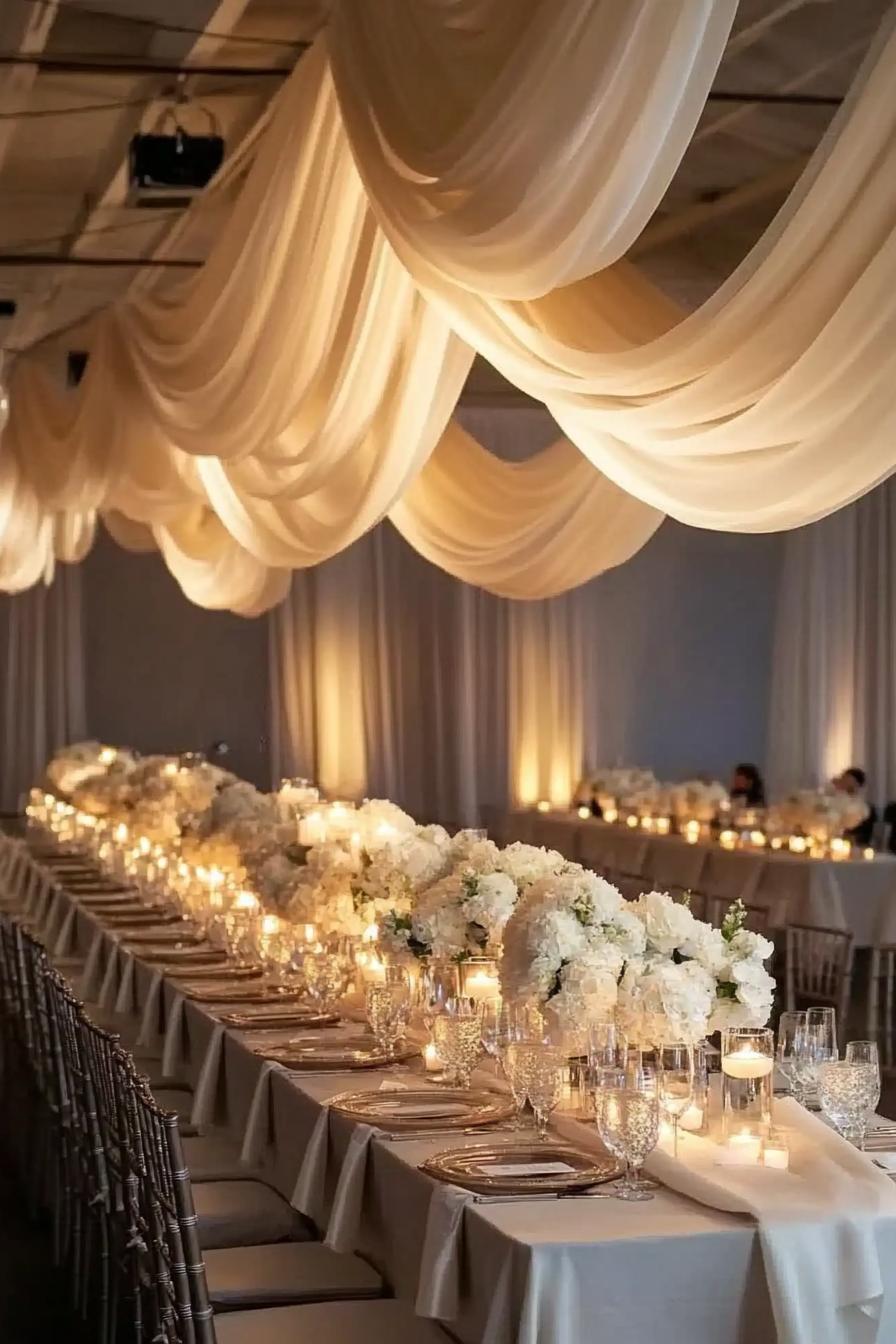 Long dining table adorned with candles and white flowers