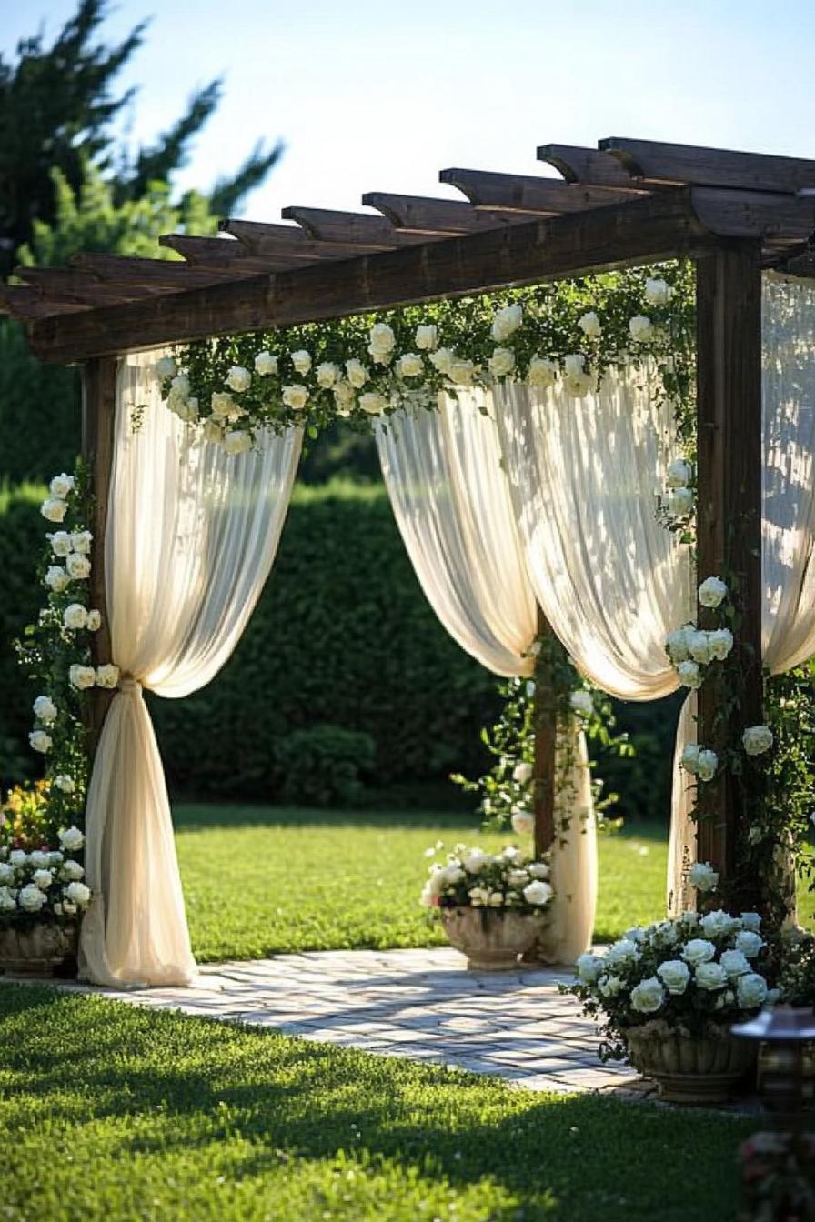 Wedding arch adorned with white flowers and draped fabric