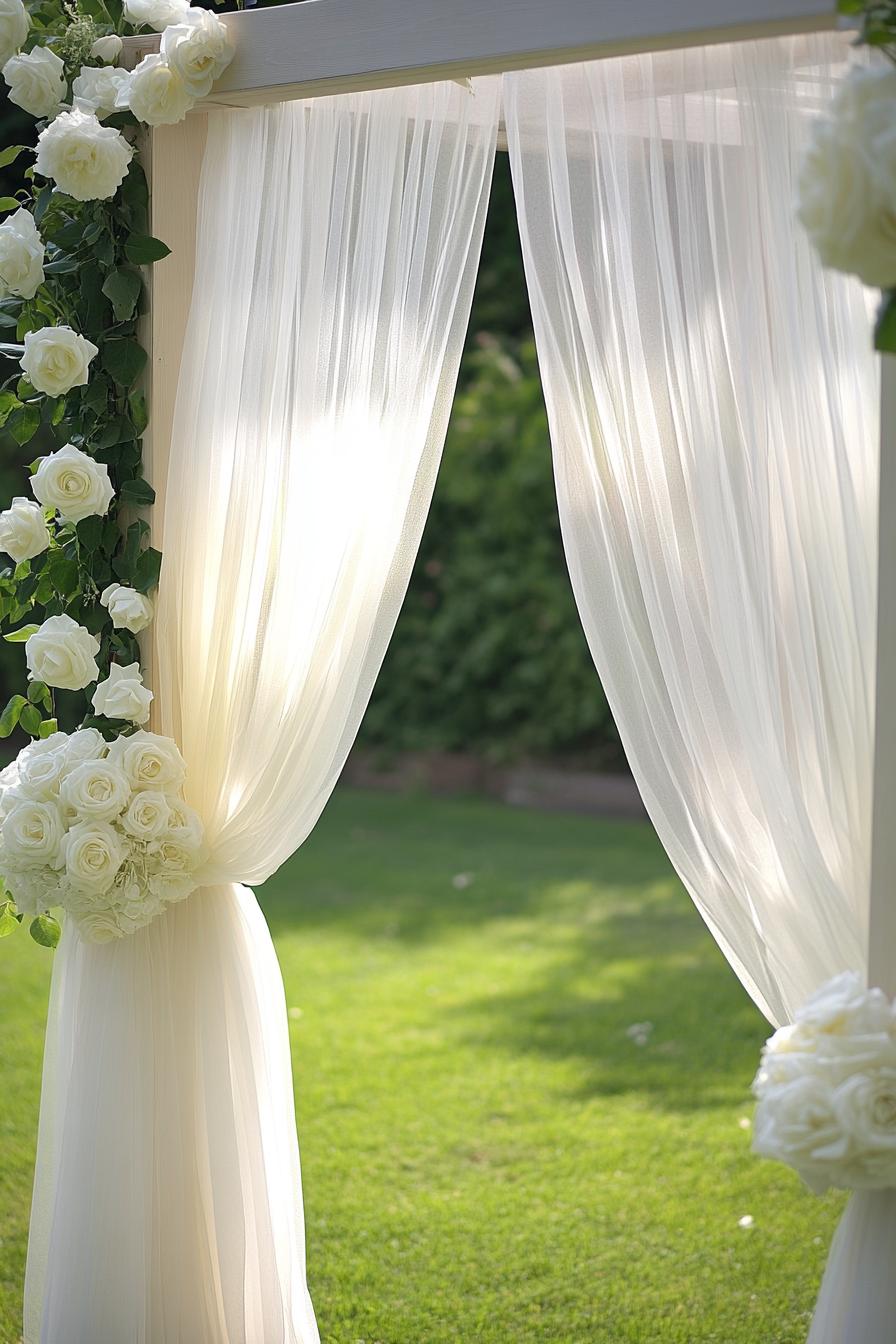 Wedding arch adorned with white roses and sheer curtains