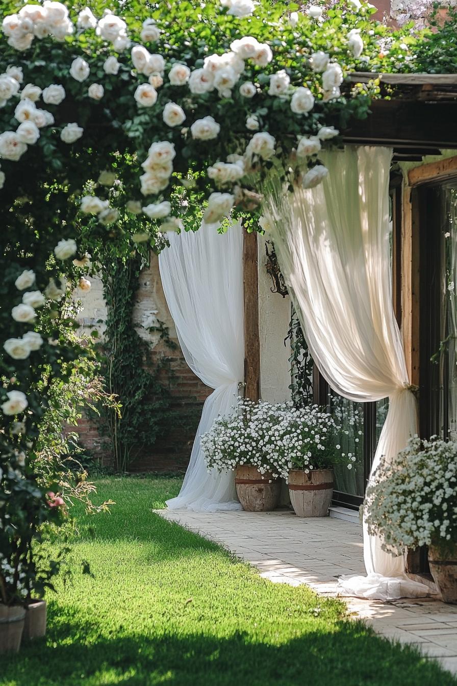 Charming garden wedding setup with floral arch and draped fabric