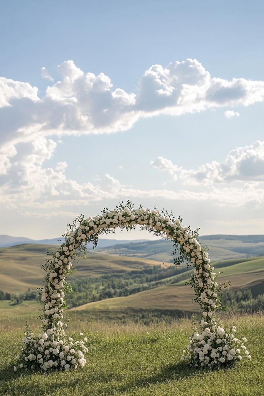 Floral arch with white roses on a hill