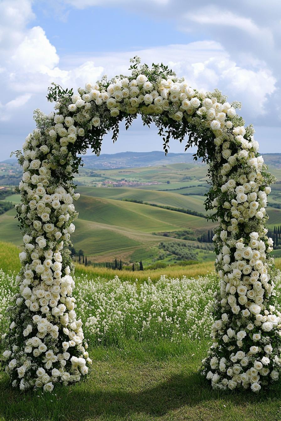 Stunning floral arch with a scenic countryside backdrop