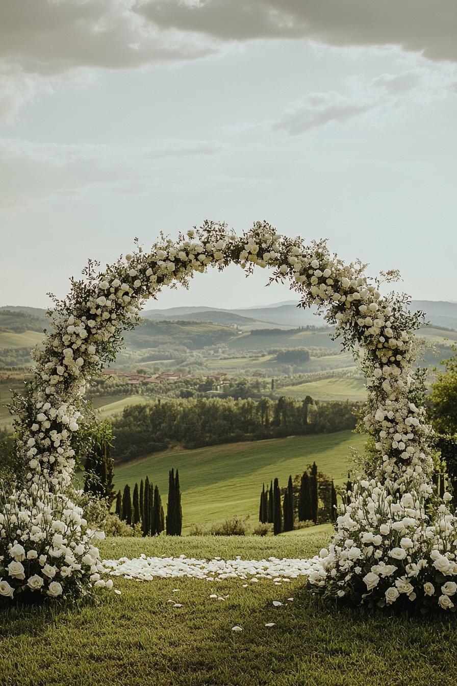 Beautiful floral arch with a scenic landscape backdrop