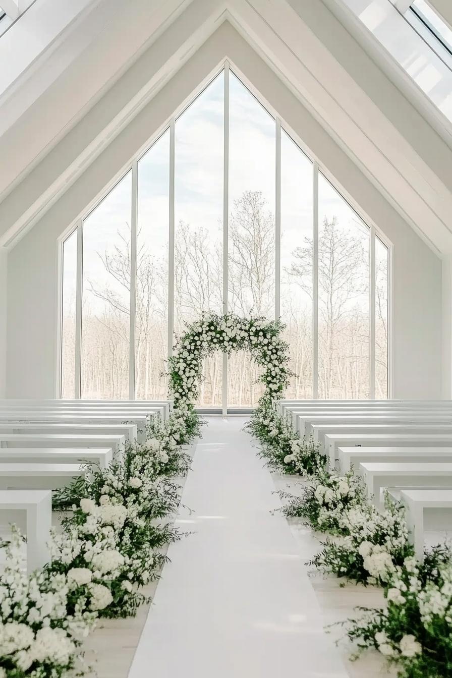 Bright and elegant wedding aisle with floral arrangements