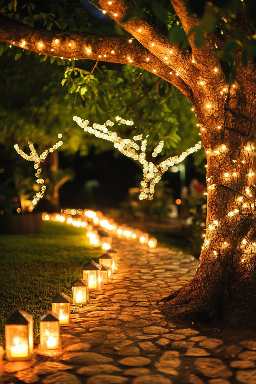 enchanted forest theme wedding outdoor decor with a tree decorated with fairy lights and tiny lanterns under the tree there is a paved ground lined 1