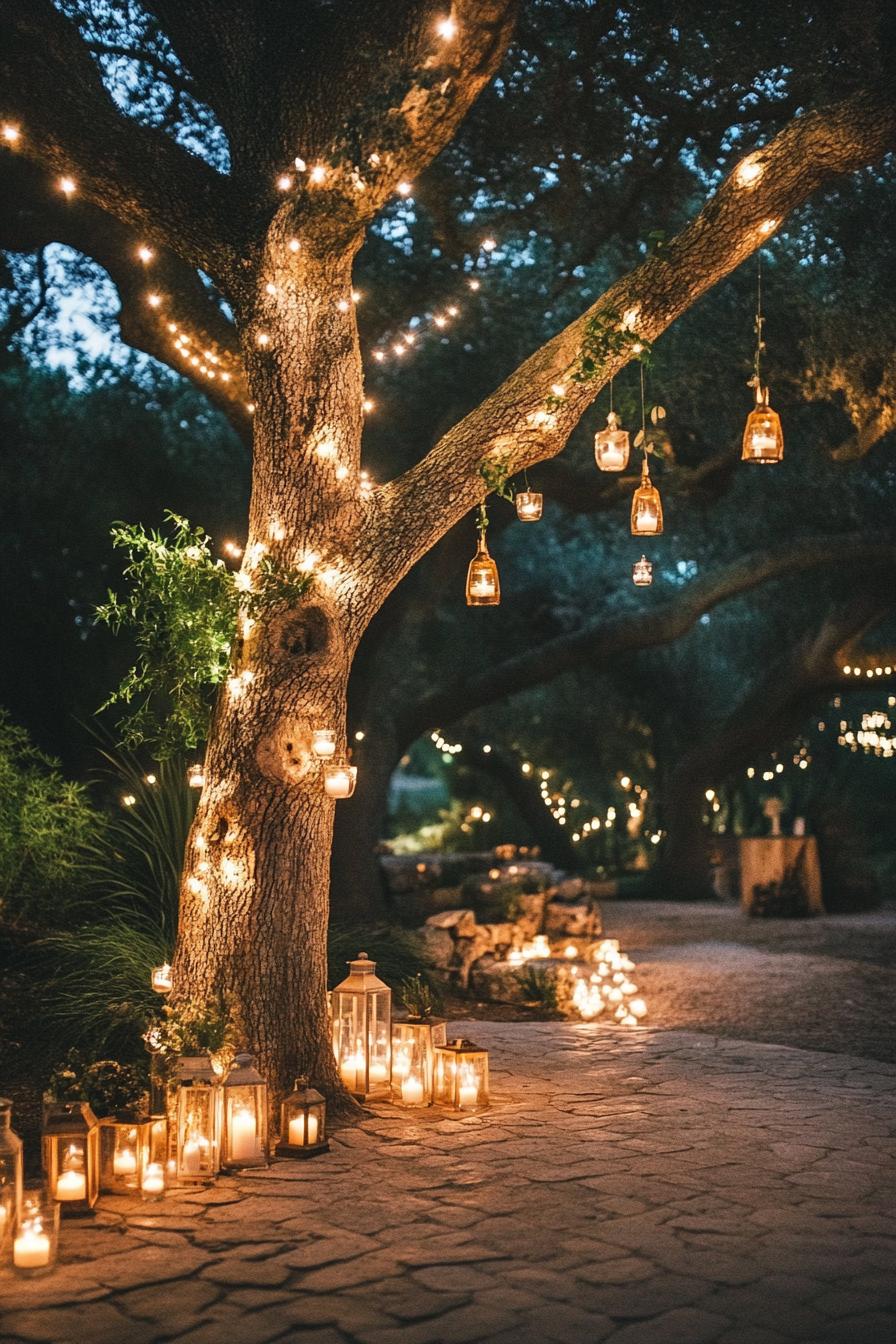 enchanted forest theme wedding outdoor decor with a tree decorated with fairy lights and tiny lanterns under the tree there is a paved ground lined 2