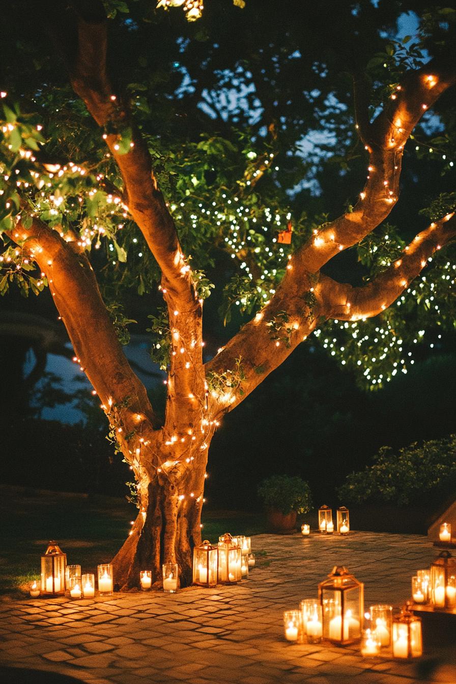 enchanted forest theme wedding outdoor decor with a tree decorated with fairy lights and tiny lanterns under the tree there is a paved ground lined 3