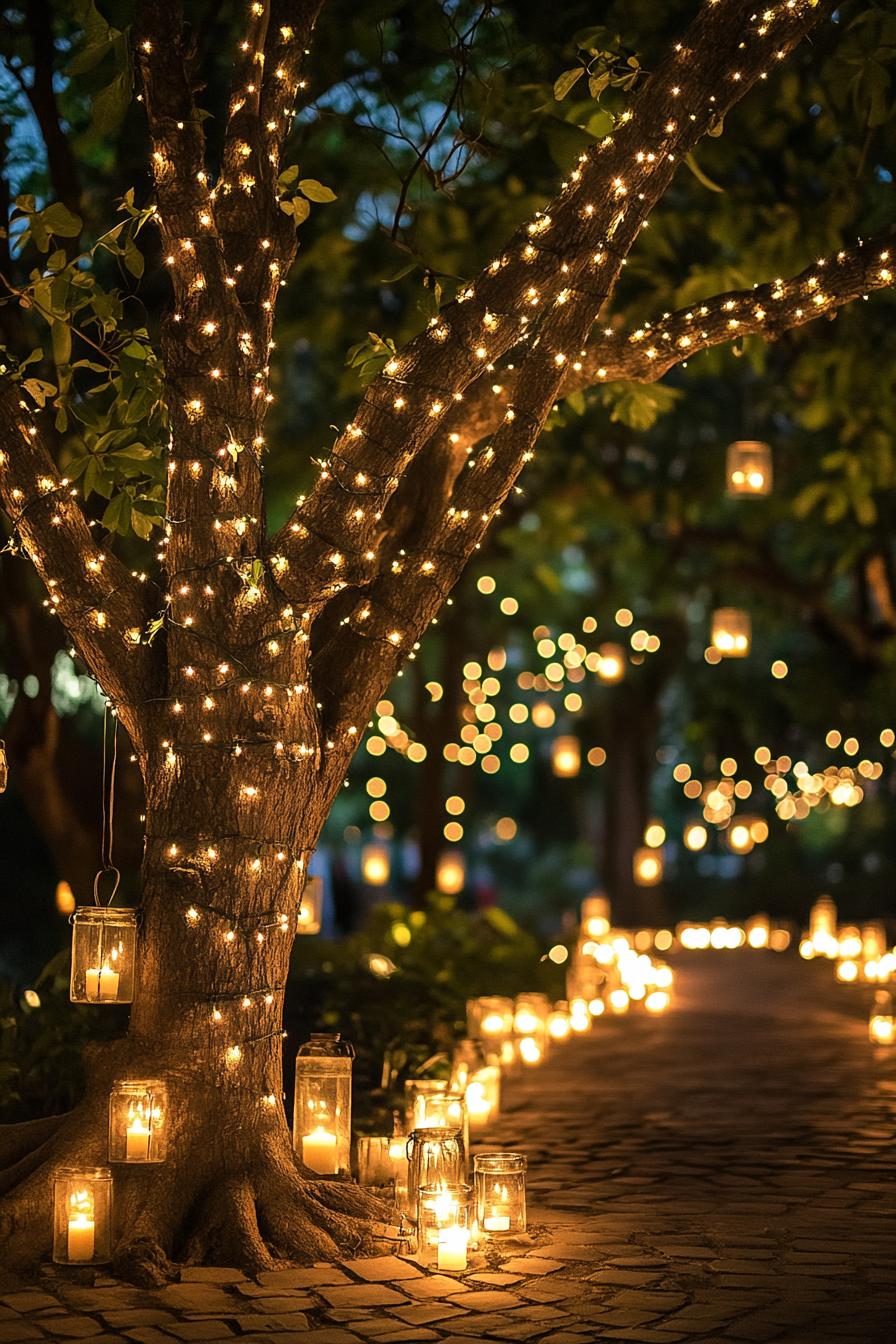 enchanted forest theme wedding outdoor decor with a tree decorated with fairy lights and tiny lanterns under the tree there is a paved ground lined