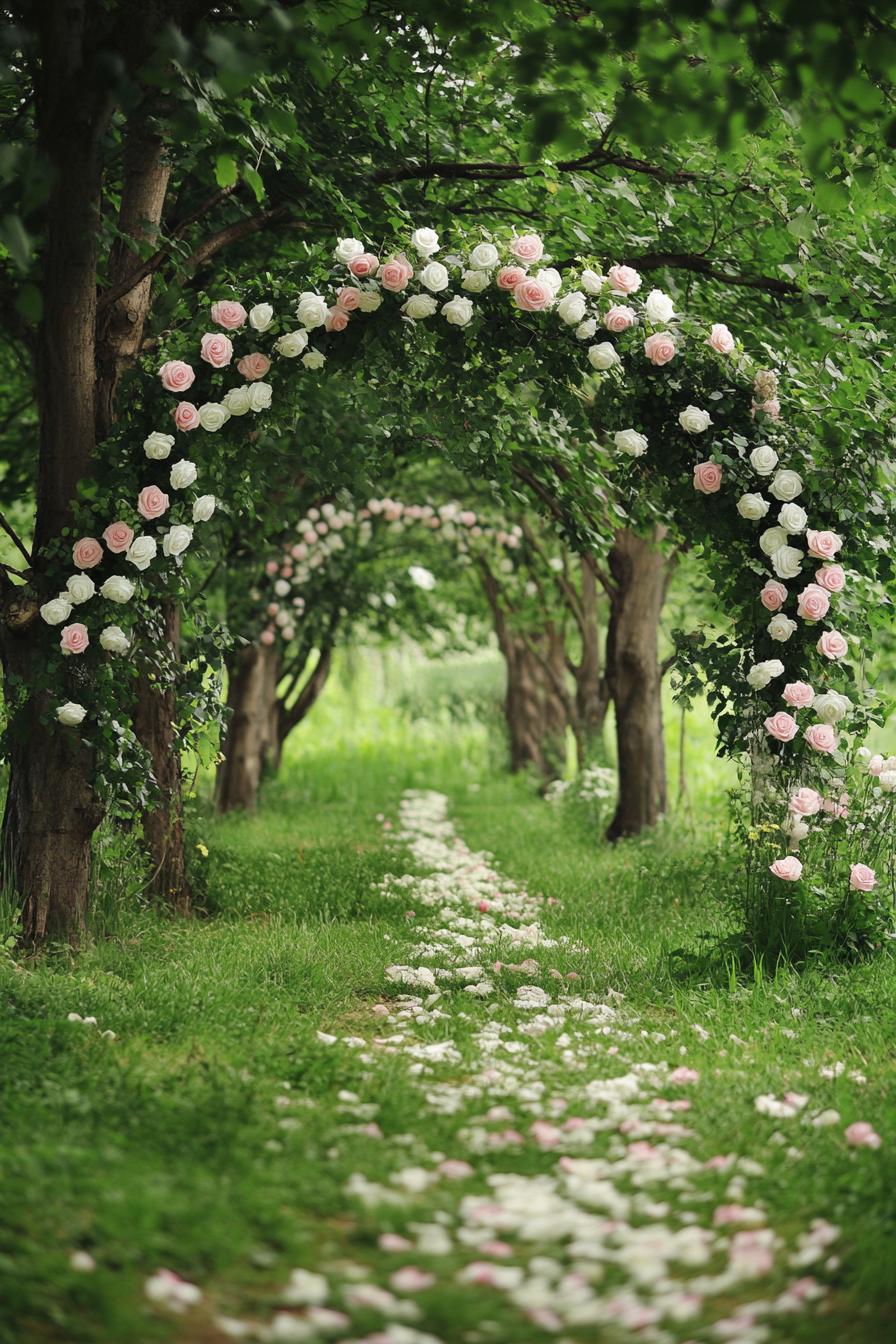 enchanted forest wedding outdoor decor arch made of greenery and roses between two trees white and pink roses grass under the trees 1