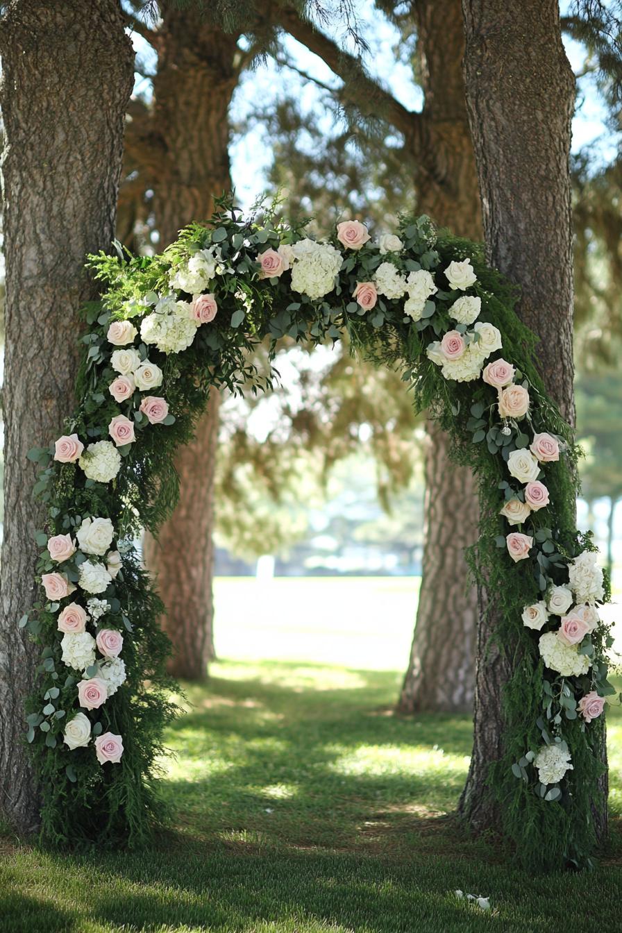 enchanted forest wedding outdoor decor arch made of greenery and roses between two trees white and pink roses grass under the trees 2