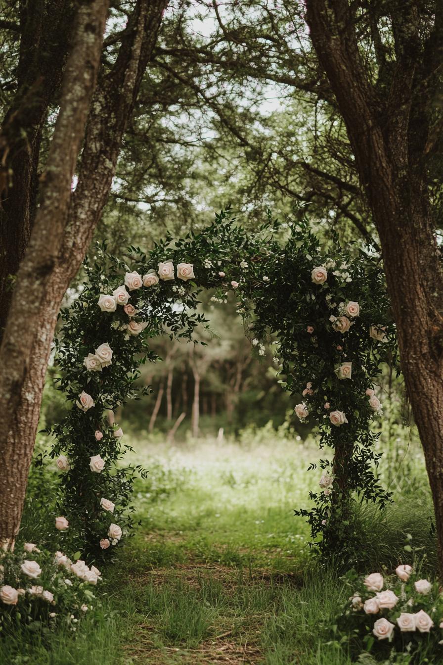 enchanted forest wedding outdoor decor arch made of greenery and roses between two trees white and pink roses grass under the trees 3