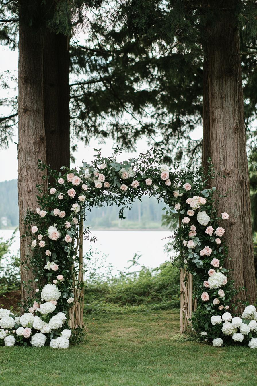 enchanted forest wedding outdoor decor arch made of greenery and roses between two trees white and pink roses grass under the trees