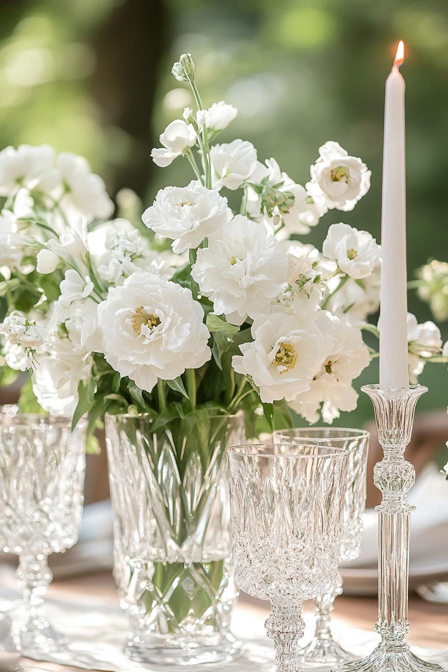 Crystal vases with white flowers and a lit taper candle