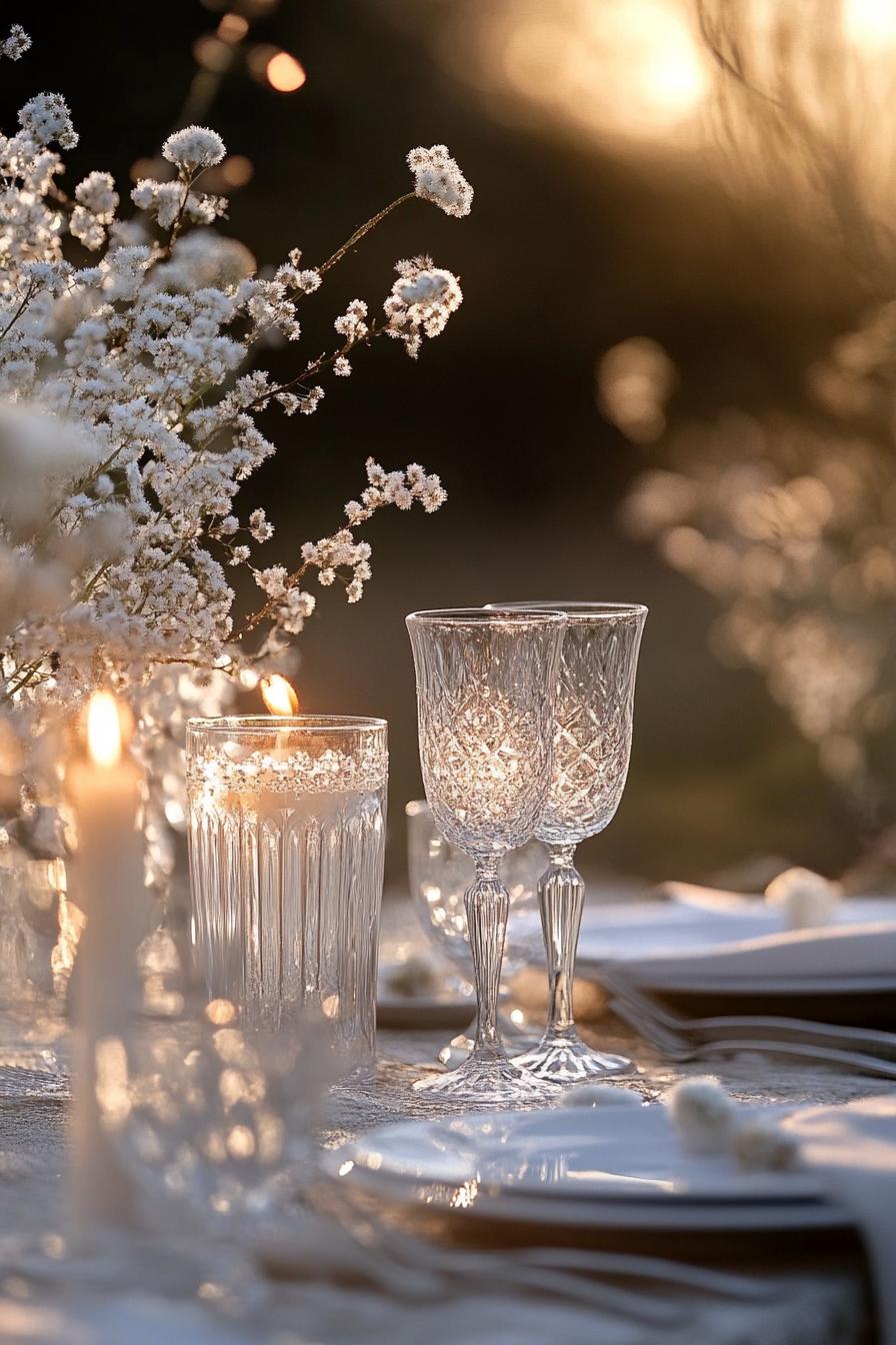 Elegant wedding table setup with candles and crystal glasses