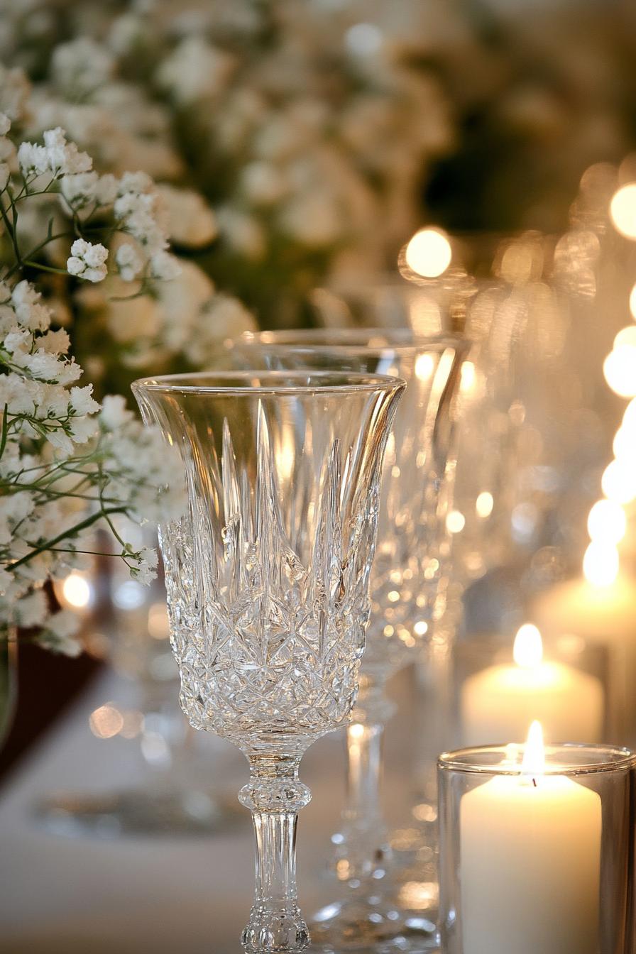 Crystal goblets with candles and flowers