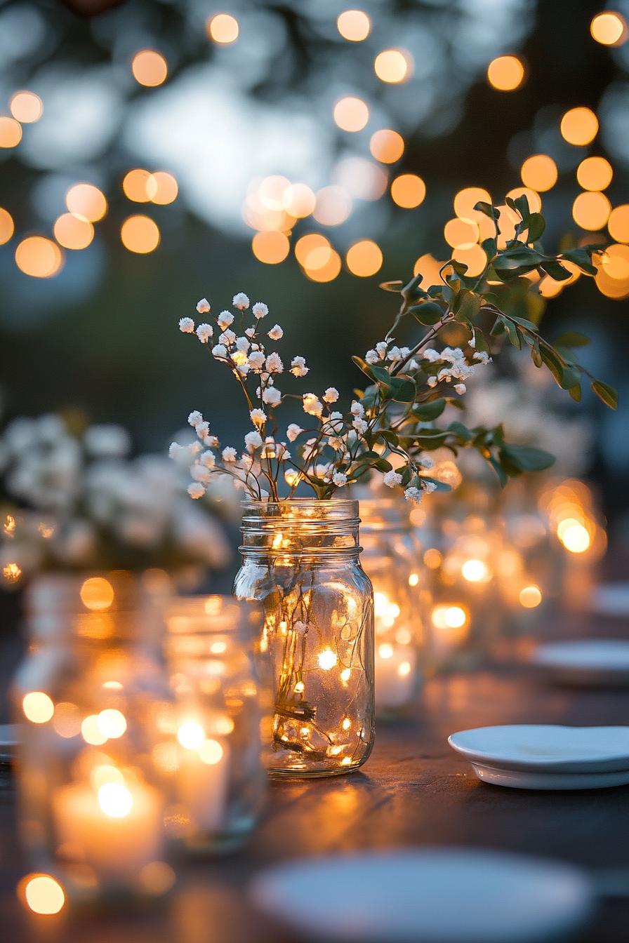 outdoor wedding decor large table centerpieces with mason jars with white pixie flowers and fairy lights green vine brances dusk scene soft glow 1