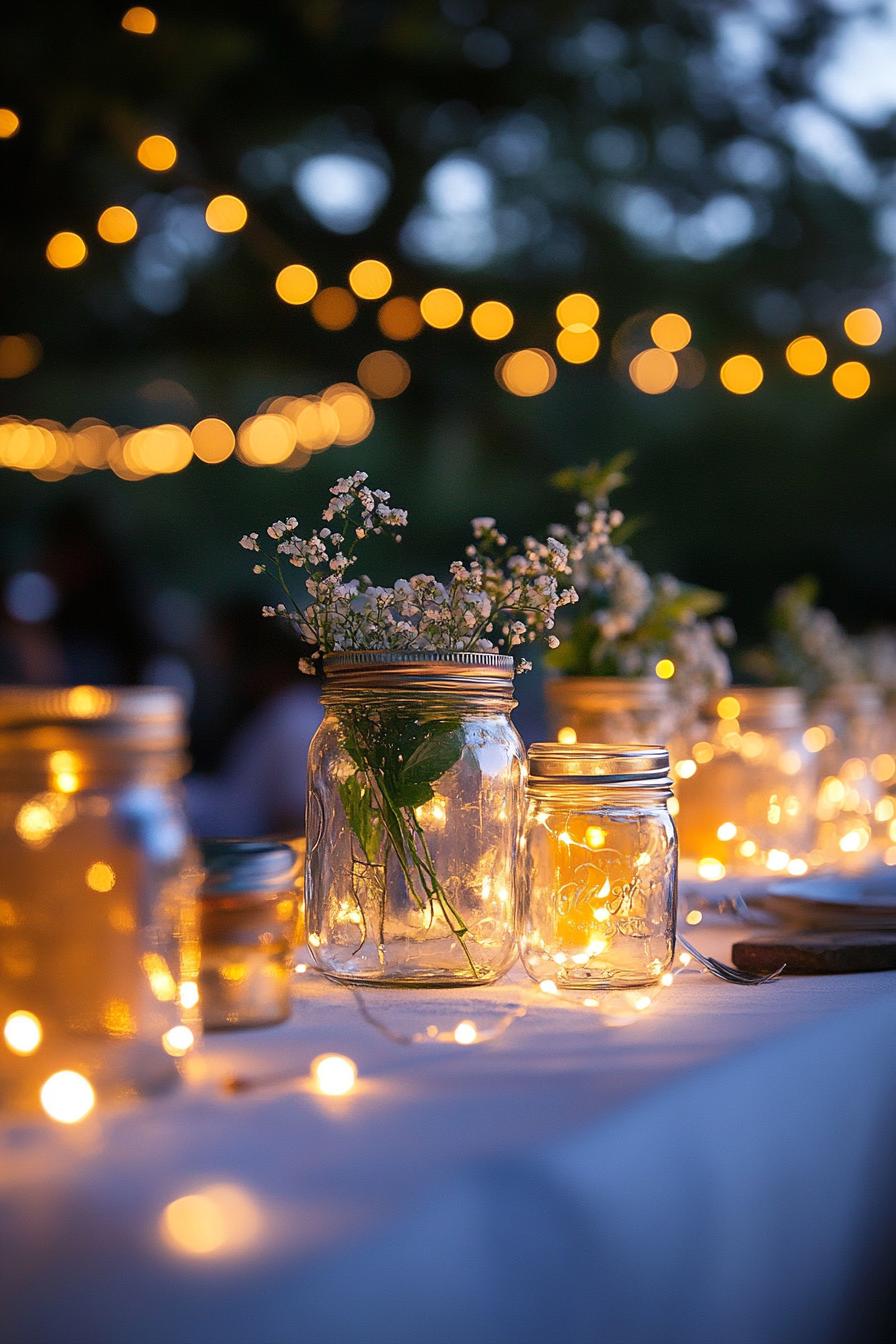 outdoor wedding decor large table centerpieces with mason jars with white pixie flowers and fairy lights green vine brances dusk scene soft glow 2