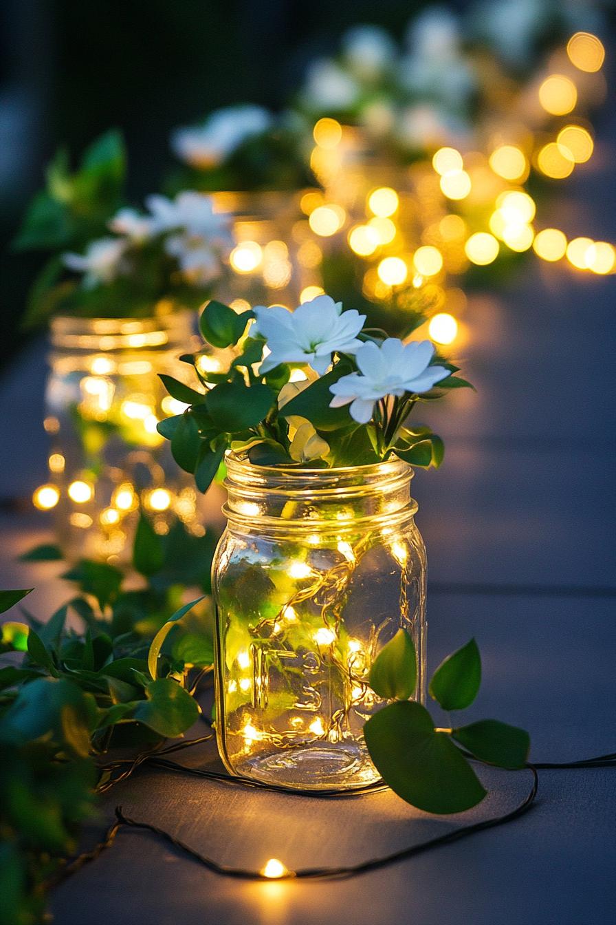 outdoor wedding decor large table centerpieces with mason jars with white pixie flowers and fairy lights green vine brances dusk scene soft glow 3