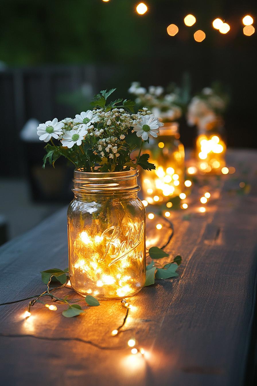 outdoor wedding decor large table centerpieces with mason jars with white pixie flowers and fairy lights green vine brances dusk scene soft glow