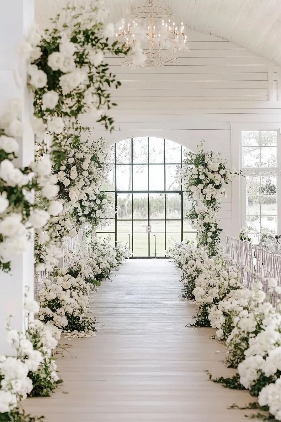 A beautifully adorned wedding aisle with white flowers