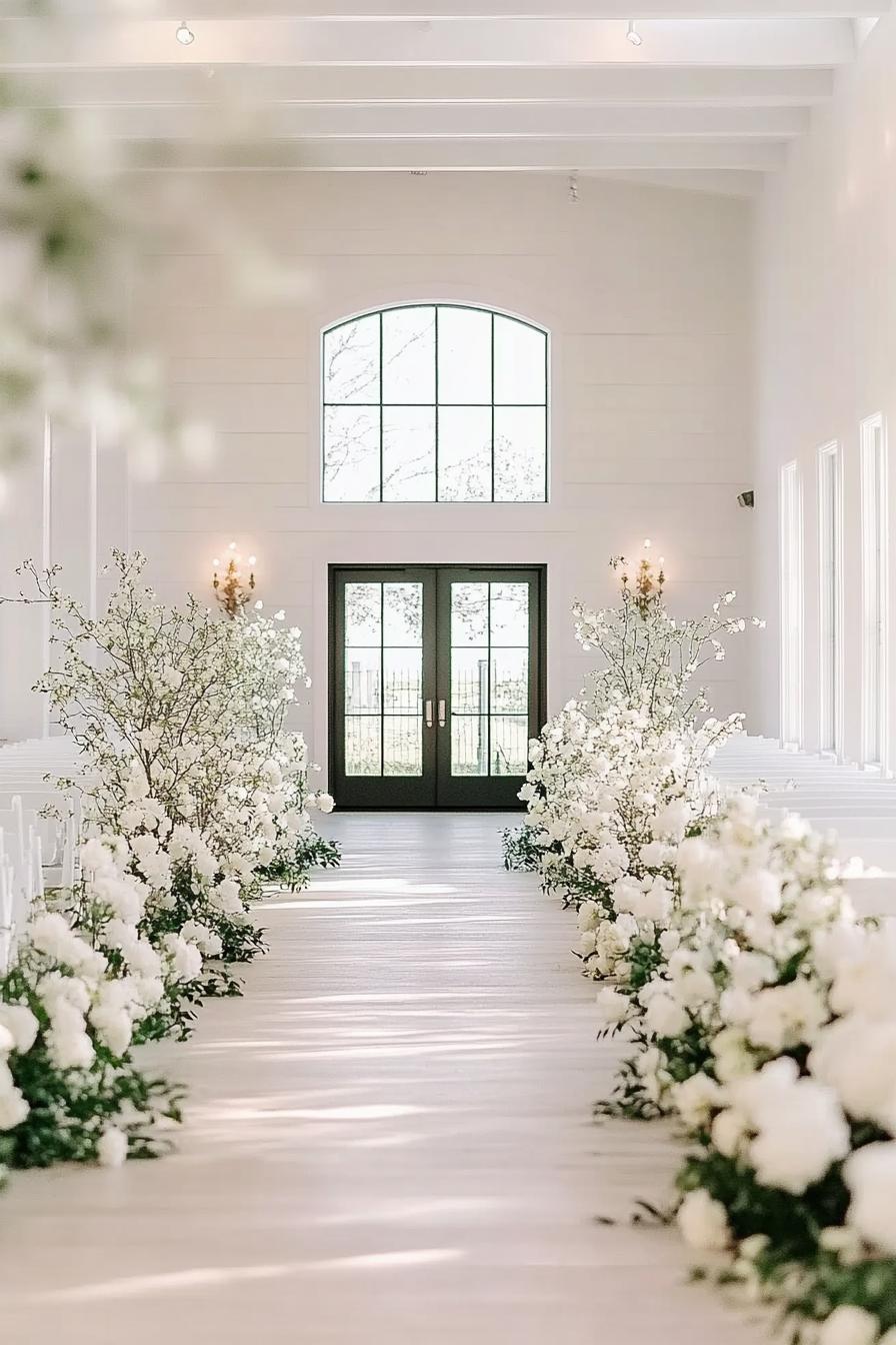 white farmhouse style hall decorated for wedding with blossoming white roses