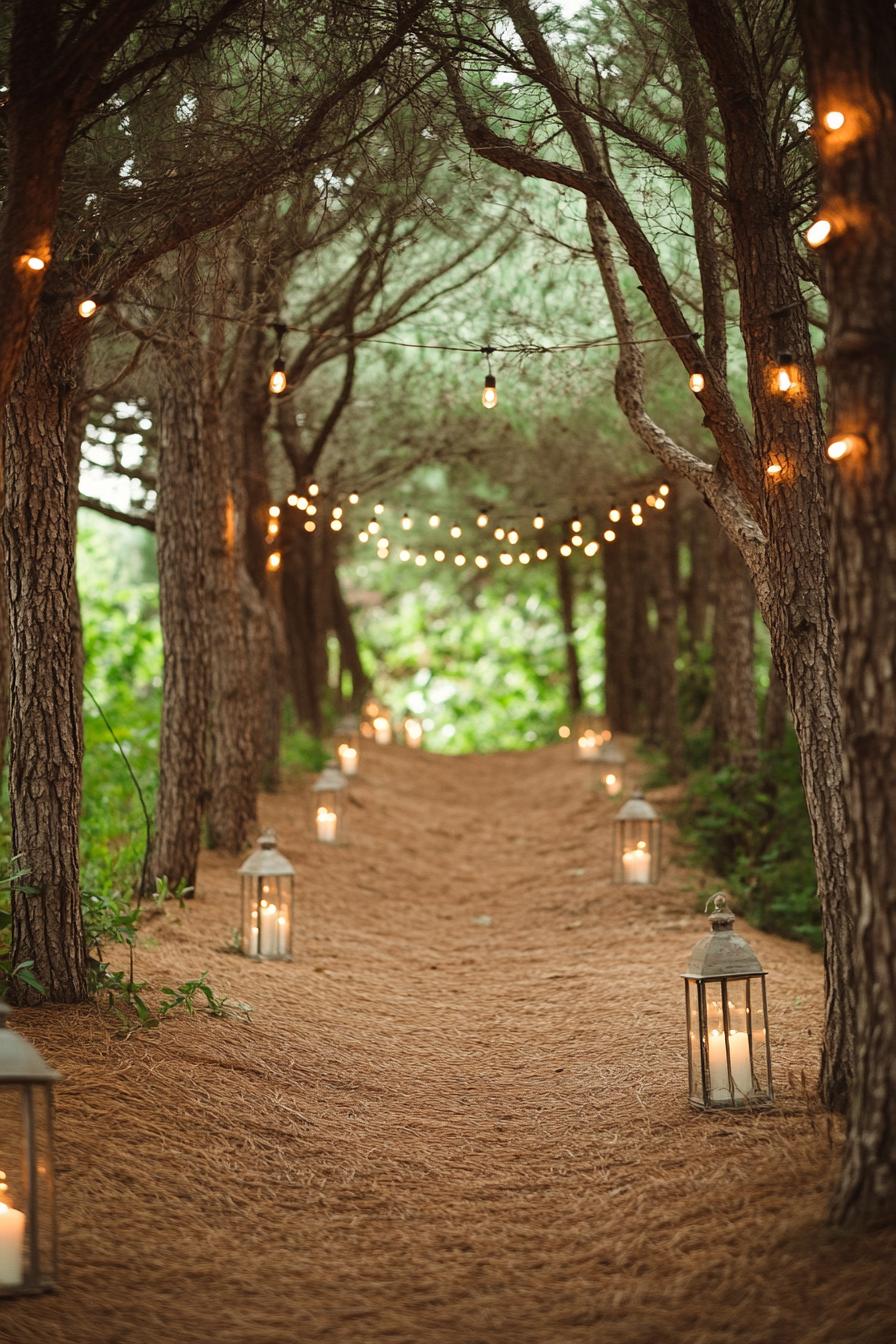 outdoor wedding decor forest path with lush trees the path is lined with candle lanterns string lights hanging from the trees 1